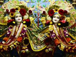 MS TD Shot of the idols of Lord Krishna and Radha in Iskcon Temple at Vrindavan / Mathura, Uttar Pradesh, India Stock Footage