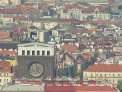 MS AERIAL Shot of clock on building top / Prague, Czech Republic Stock Footage
