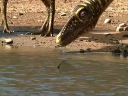Medium static - A creature drinks water on a shore in a computer-generated animation. / New York City, New York, USA Stock Footage