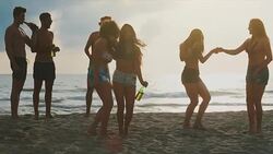 Summer vacation with friends: beach party at sunset Stock Footage