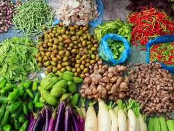 MS PAN Shot of colorful vegetables / Luang Prabang, Laos Stock Footage