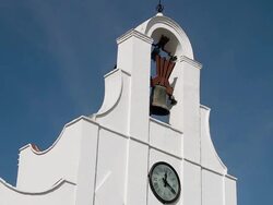 MS View of Church bell with clock at mountain village Mijas / Mijas, Andalusia, Spain Stock Footage