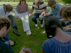 MS, Group therapy session in garden, Saint Ferme, Gironde, France Stock Footage