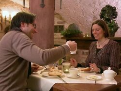MS Couple at breakfast table / Saarburg, Rhineland-Palatinate, Germany Stock Footage