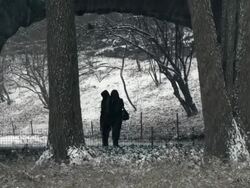 WS Two people talking under bridge during snow / New York City, New York, USA Stock Footage