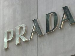 CU, Prada sign on building exterior, Fifth Avenue, New York City, New York, USA Stock Footage