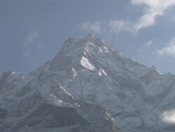 WS ZO View of Peak of Sherpa holy Mountain Khumbi Yul Lha / Mende, Khumbu Region, Nepal Stock Footage