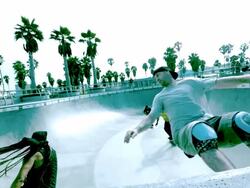 WS SLO MO Shot of Four guys skater moving in skate park bowl / Venice, California, United States Stock Footage