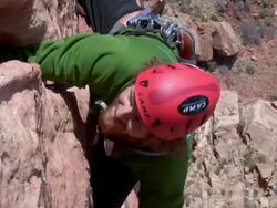 MS CU ZO Climber ascends crack and camera pans out, Climber on high above in ground  / Zion,UT,USA Stock Footage