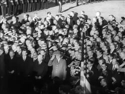 B/W 1963 high angle crowd of mourners at JFK's funeral / Charles de Gaulle saluting / Arlington Cemetery Stock Footage