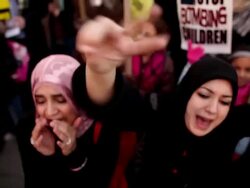 January 23, 2009 MS CU Young women shouting Free! Free! Palestine! during protest against Israel's attack on Gaza Strip/ Washington DC/ AUDIO Stock Footage