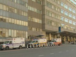 MS Hospital with parked blinking ambulances - TU to top of building / New York, New York, USA Stock Footage