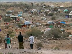 MS Four teenagers are walking at refugee camp / Djibouti Stock Footage