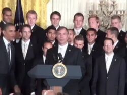Obama poses with Galaxy jersey and football star Stock Footage