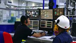 Security officer watching monitoring displays in control room. Security cameras Stock Footage
