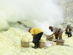 MS Miners working on the sulfur extraction at Ijen volcano crater / Ijen, Java, Indonesia Stock Footage