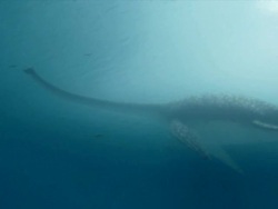 Low Angle steadicam - Light shines above an underwater dinosaur in a computer-generated animation. / Denver, Colorado, USA Stock Footage