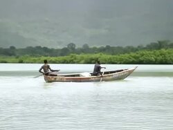 WS View of Two men rowing in boat / Freetown, Sierra Leone Stock Footage