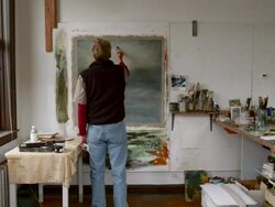 WS Man working on painting at studio / Hudson, New York, United States Stock Footage