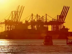 WS View of container terminal in river Elbe / Hamburg, Hamburg, Germany Stock Footage