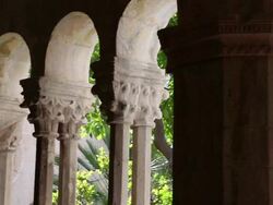 Carved capitals and columns in the Romanesque and Gothic cloister of the Franciscan Monastery, Dubrovnik Stock Footage