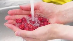 raspberries under running water Stock Footage
