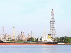 HD: Distillation tower at Oil Refinery Plant with tanker Stock Footage