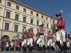 MS Shot of traditional costume parade in Oktoberfest / Munich, Bavaria, Germany Stock Footage