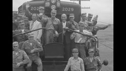 Ribbon-cutting ceremony for opening of reconstructed railroad bridge over Imjin River in Korea during Korean War News Clip