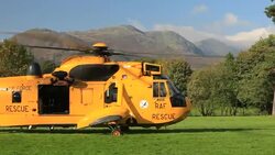 An RAF search and rescue Sea King helicopter, in Ambleside, Lake District, UK. Stock Footage