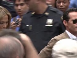 Jennifer Lopez and Marc Anthony at the Jennifer Lopez Unveils 'Be Great' Youth Advocacy Campaign Billboard Stock Footage