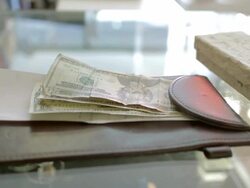 Banknotes on the cashier counter,Dolly shot Stock Footage