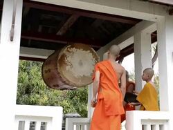 MS Monks playing   drums in  temple  AUDIO / Luang Prabang, Luang Prabang, Laos Stock Footage