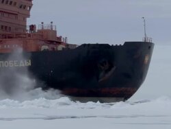 MS, Russian nuclear icebreaker traveling through frozen sea Russia Stock Footage