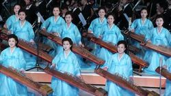Women wearing gowns sing and play musical instruments in the Pyongyang Concert Hall. Stock Footage
