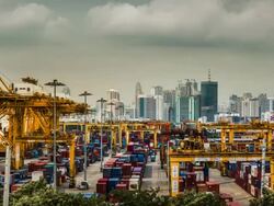 Cargo ship loading port in the big city,Time Lapse Stock Footage