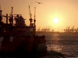 WS View of shipyard and boat floating to river / Hamburg, Hamburg, Germany Stock Footage