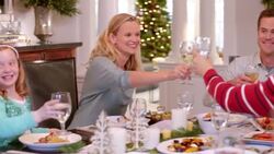 Family toast happily and clink glasses over their Christmas dinner Stock Footage
