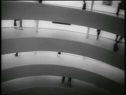 B/W 1959 high angle PAN different levels of Guggenheim Museum with people / NYC / newsreel Stock Footage