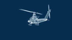 A blueprint of a helicopter circles in front of a blue background. Stock Footage