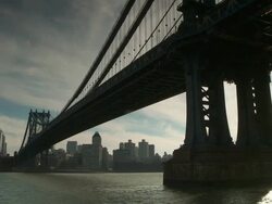 Under the Manhattan Bridge facing the east river and Brooklyn.   Stock Footage