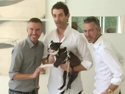 James Frain (C), Dean & Dan Caten at the yoox.com and DSQUARED2 Canine Couture Launch To Benefit Much Love Animal Rescue at Beverly Hills CA. (Footage by WireImage Video/GettyImages) Stock Footage