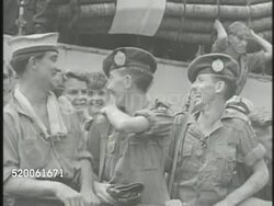 1950: KOREAN WAR: UNITED NATIONS SUPPORT: VS Arrival of British Royal Army forces & naval ship, South Koreans celebrating, troops mobilizing. VS Filipino & Australian soldiers standing by respective flags. South Korea Instructional Video