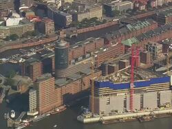 MS AERIAL Shot over Hamburg city with canals and buildings / Germany Stock Footage
