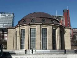 MS View of old Elbtunnel terminal building / Hamburg, Hamburg, Germany Stock Footage