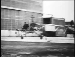B/W 1939 Igor Ivan Sikorsky taking off in early helicopter / Stratford, CT Stock Footage