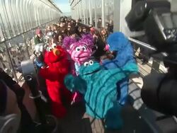 Elmo, Abby Cadabby, Cookie Monster and Grover with fans at Elmo, Cookie Monster, Grover And Abby Cadabby Visit The Empire State Building To Promote '1-2-3 Imagine! With Elmo & Friends' on 02/21/2012 in New York City, NY.   Stock Footage