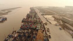Aerial View of Fishing Boats in China Stock Footage