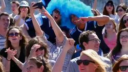 MS TU Laughing female football fan taking selfie with smart phone with fans wearing team jerseys and wigs in stadium Stock Footage