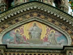 MS ZI Shot of painting of Jesus Christ Church of Savior on Spilled Blood aka Cathedral of Resurrection of Christ / St. Petersburg, Russia Stock Footage